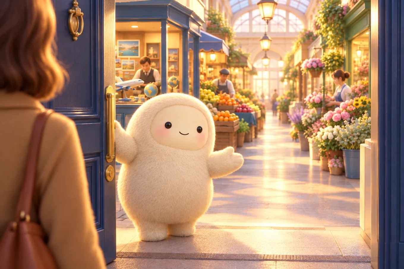 Illustration of Jolly, Muse's round furry mascot, holding open a front door onto a bright arcade of shops